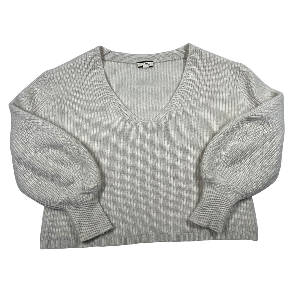 J.Crew Cashmere Sweater Womens M Ivory V-Neck Balloon Sleeve Ribbed BD147 Luxury